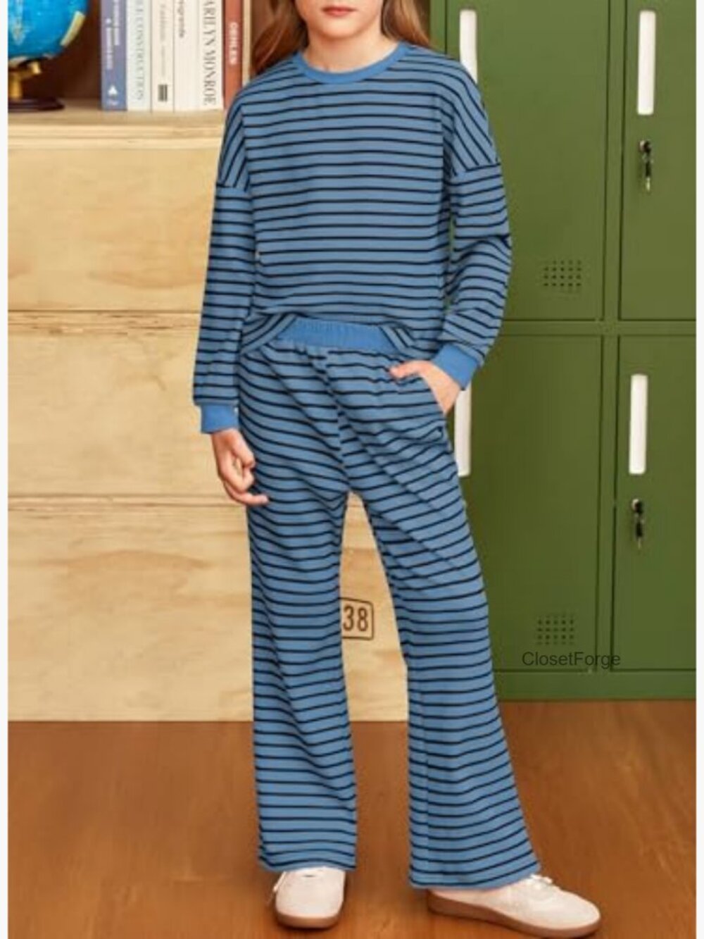 Kids Fall Waffle Long Sleeve Striped Sweatsuit Set Size 6-15 - Picture 6 of 7